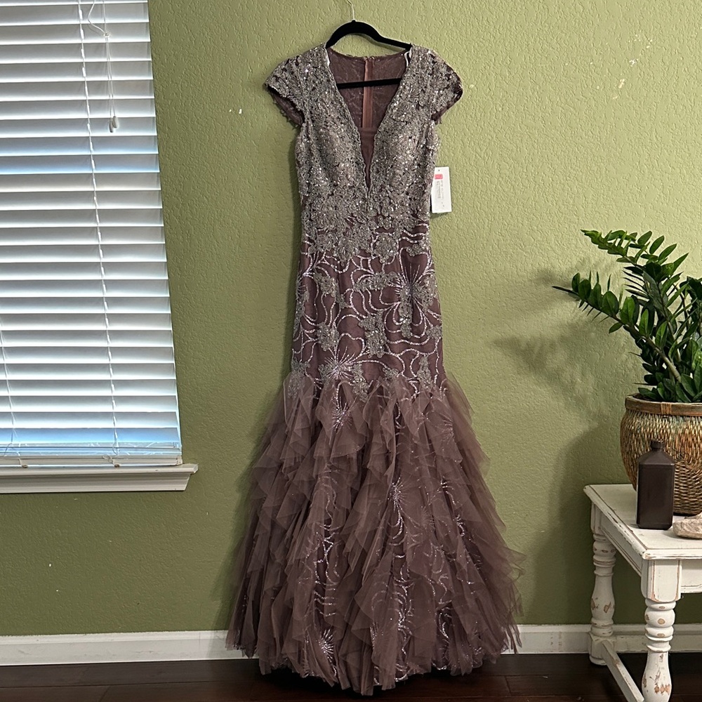 Jovani Mauve Beaded Tulle Maxi Dress